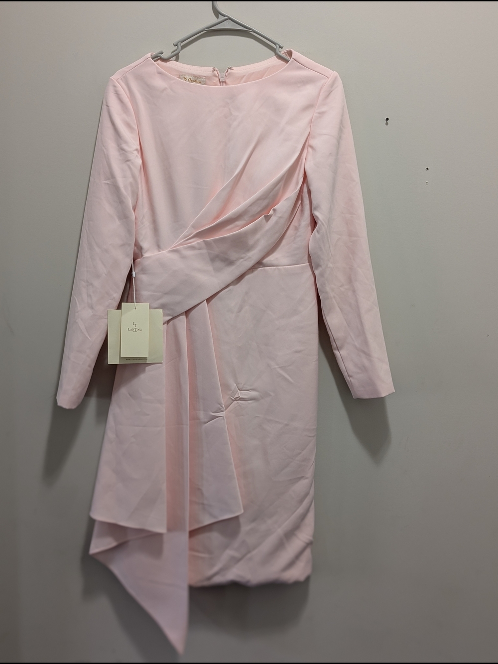 Elegant Long-Sleeve Draped Pink Sheath Dress by La Femme